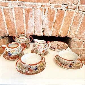 Vintage Porcelain Tea Set with Red Accents